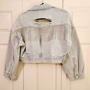 Blue B Rhinestone Fringe Oversized Cropped Denim Jacket